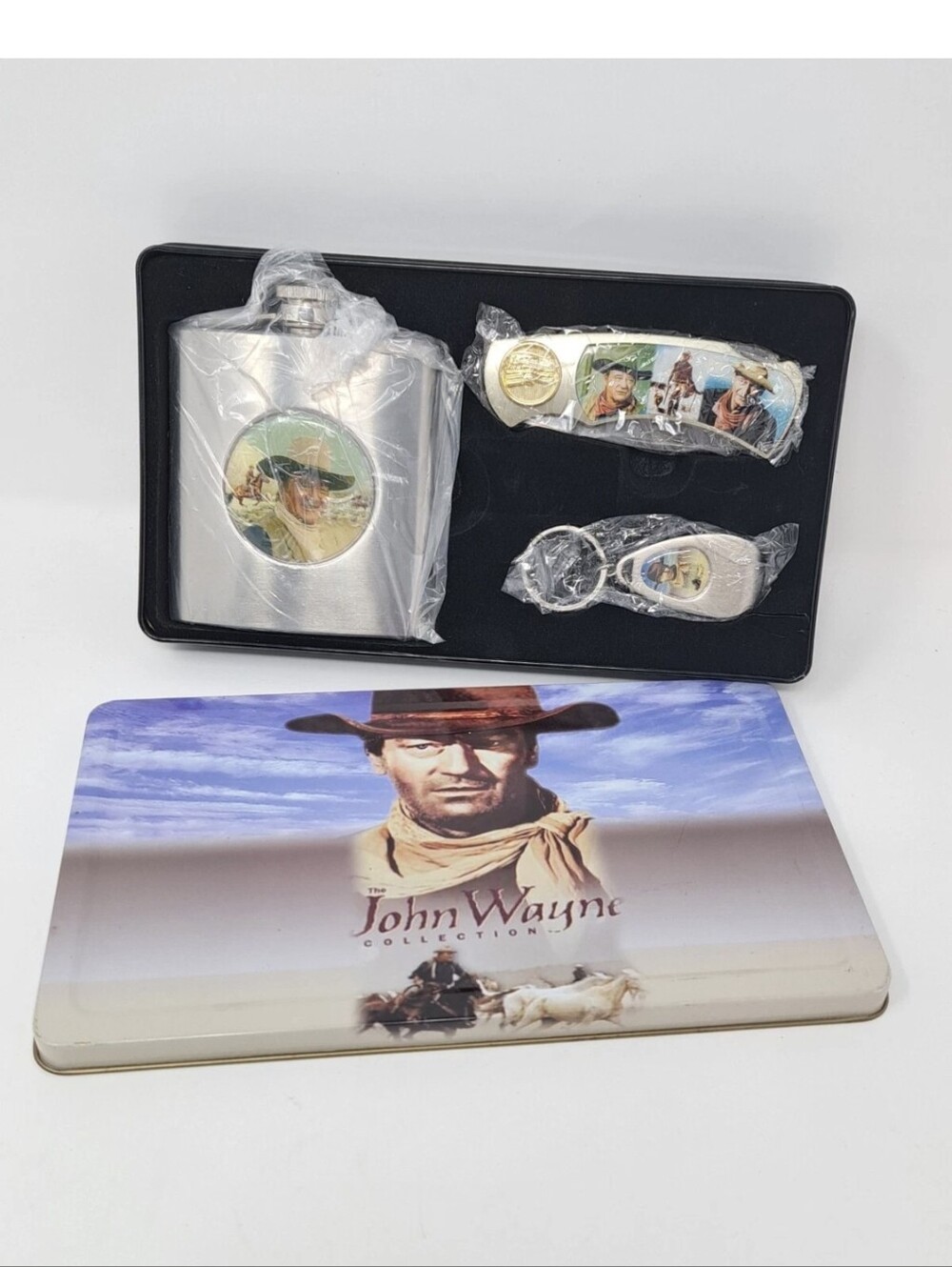 John Wayne Flask Knife And Key Chain All In Decorative Tin Box